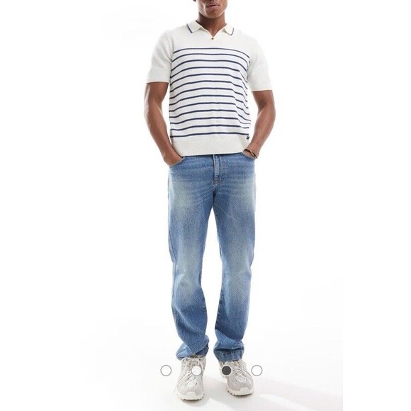 Threadbare Knit Trophy Neck Striped Polo In Acru &Blue Size Medium Preppy - Picture 8 of 10